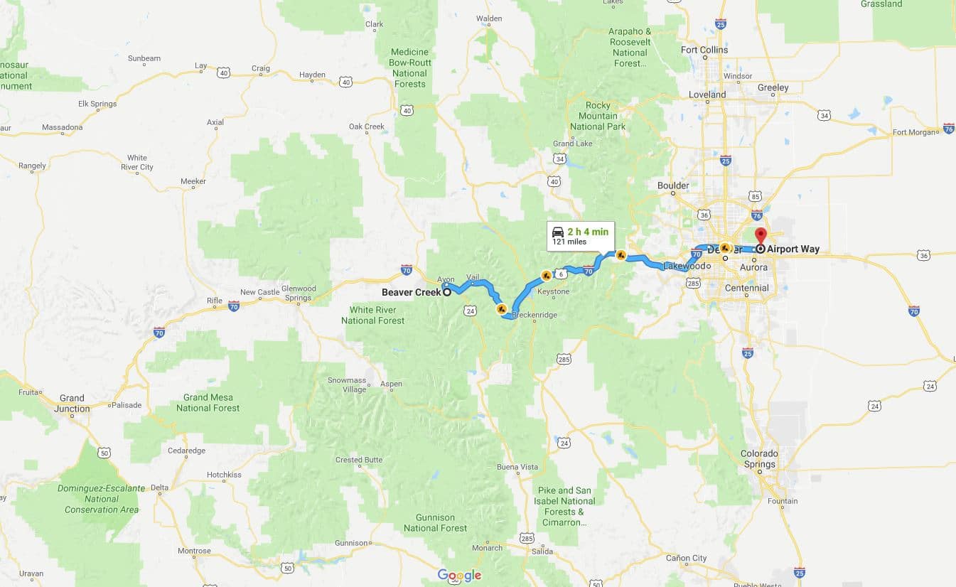 Map showing travel route from Denver International Airport to Beaver Creek