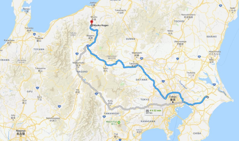 Screenshot of route map from Tokyo to Myoko Kogen from Google Maps