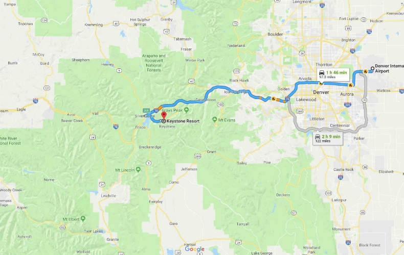 Map showing rout to drive from Denver International Airport to Keystone Ski Resort
