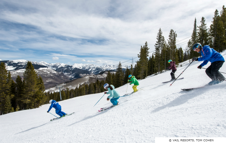Group of five learner skiers at Vail Ski Resort in Colorado